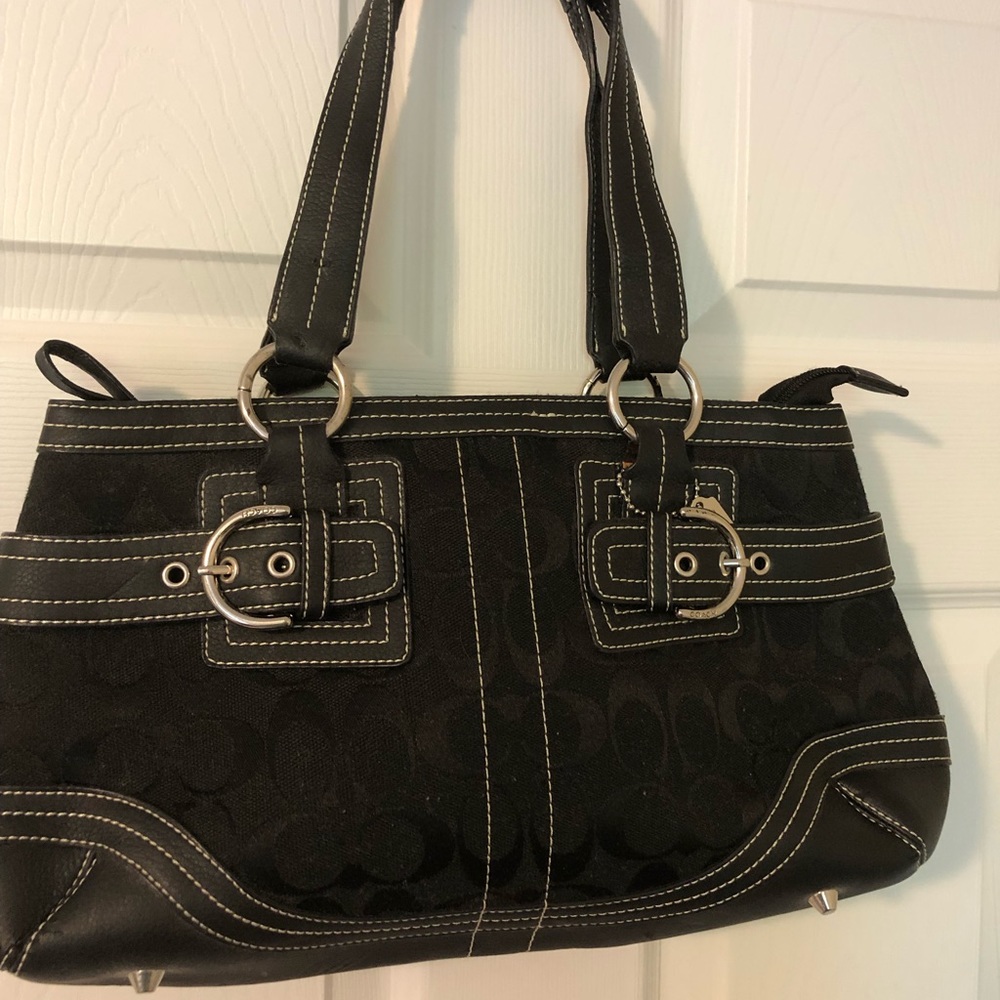 Vintage Coach handbag, signature cloth, white stitching